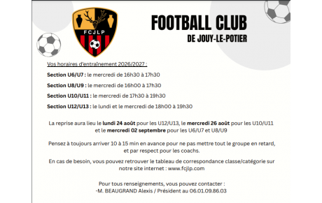 Horaires entraînements 2026/2027